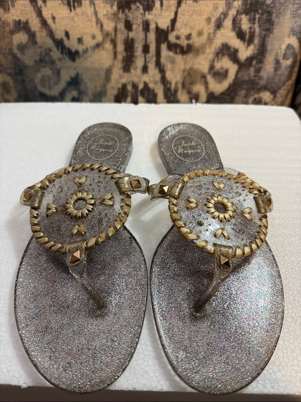 Jack Rogers Silver Glitter Thong Sandals with Gold Medallion Accents